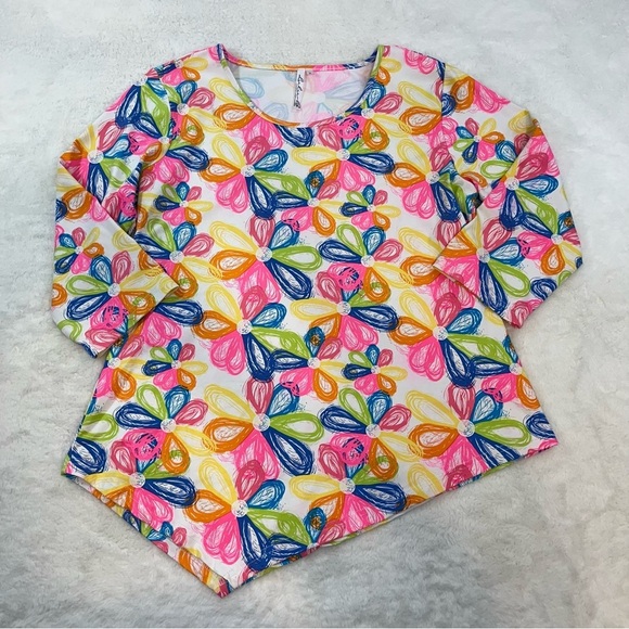 LULU B Smooth Stretch Floral Print Asymmetric Hem Blouse Size Small UPF 50+ - Picture 3 of 9